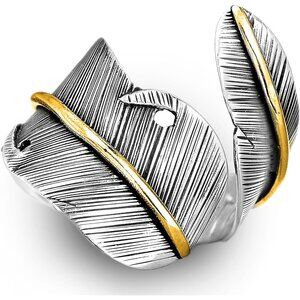 Unique 925 Sterling Silver and Brass Wide Band Feather Ring - Modern Boho Style